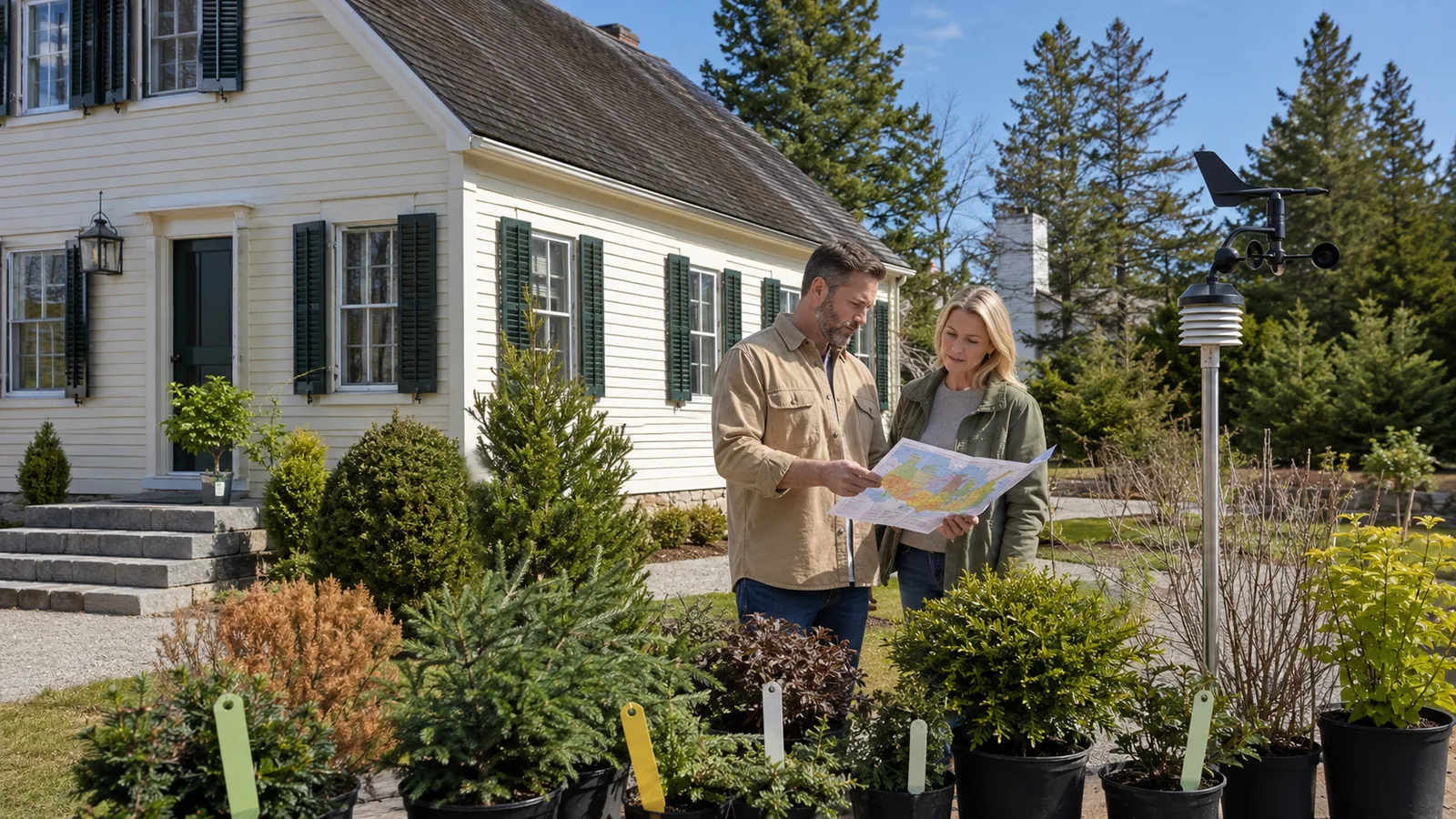 Homeowner and designer reviewing a planting map among potted shrubs in a farmhouse front yard