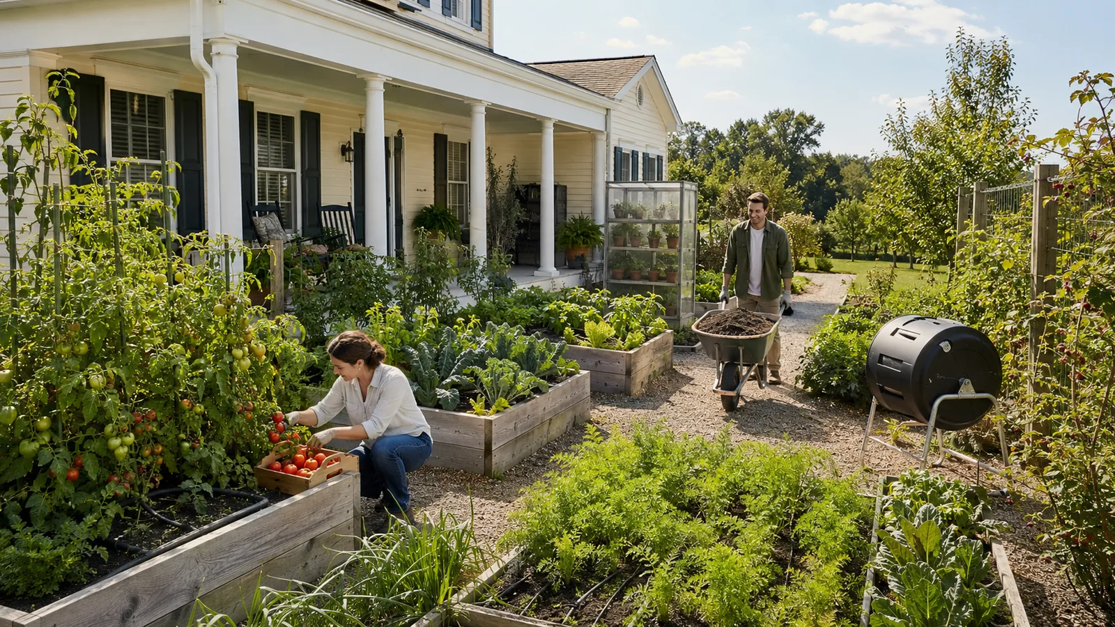 Raised bed vegetable garden with tomato harvest, compost tumbler and wheelbarrow at a farmhouse