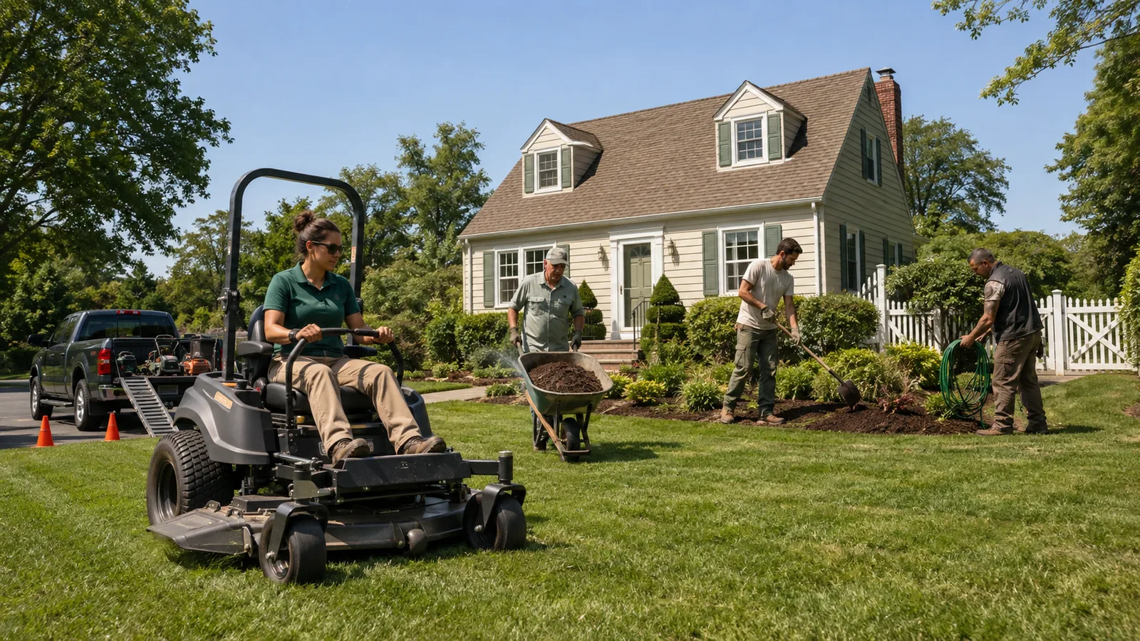 Landscaping crew working in the front yard of a cape cod home