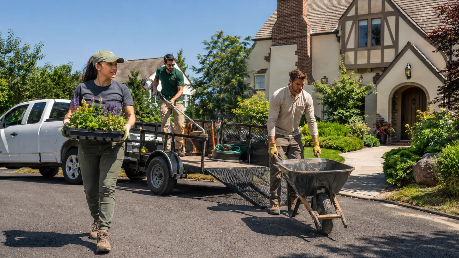 Landscaping crew working in the front yard of a tudor home