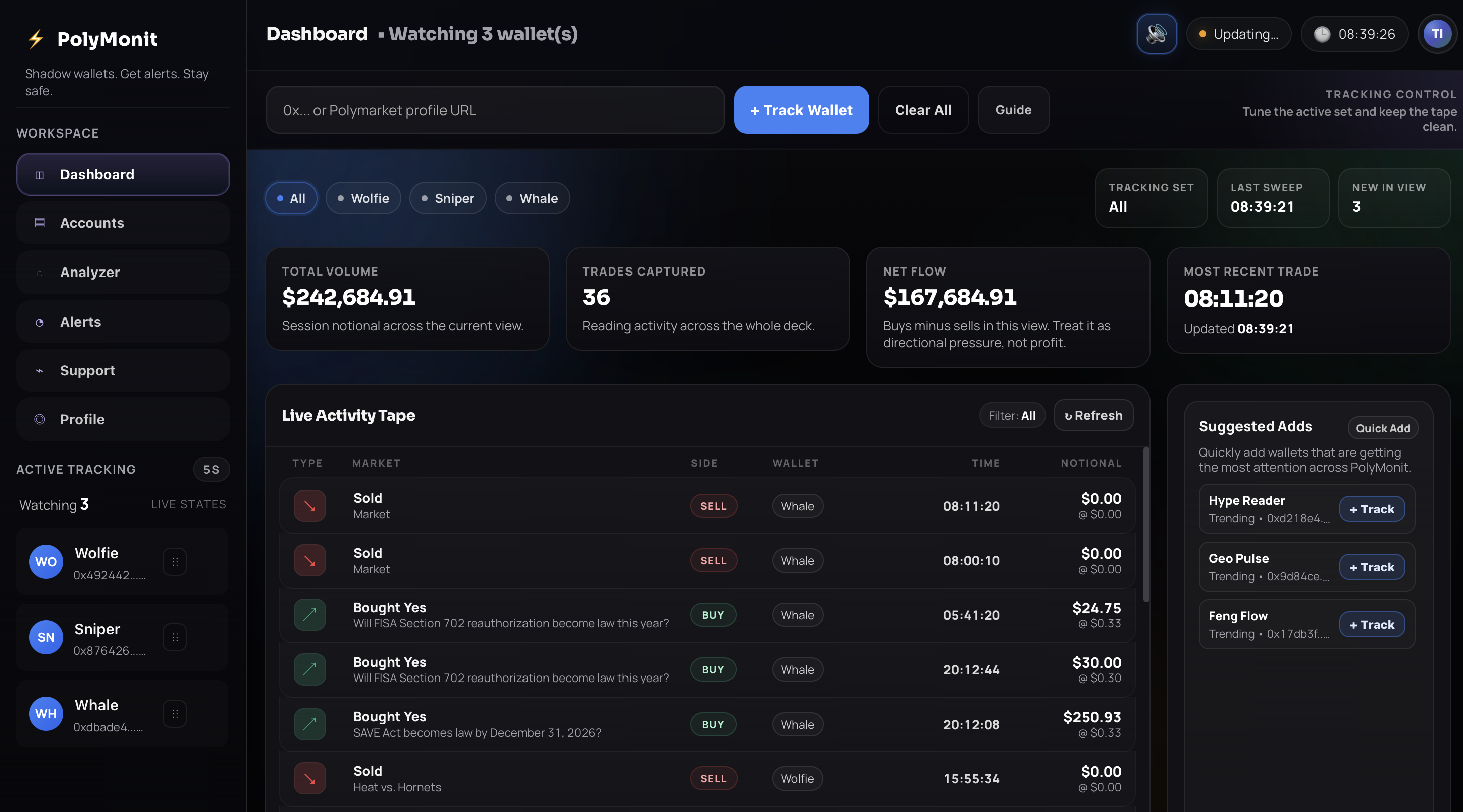 PolyMonit dashboard screenshot showing wallet watchlists, live trade flow, and whale alert monitoring.
