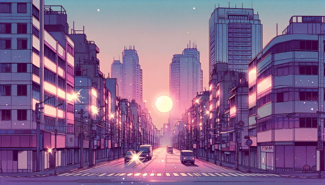 A  purple-aesthetic city street with the sun setting in the distance
