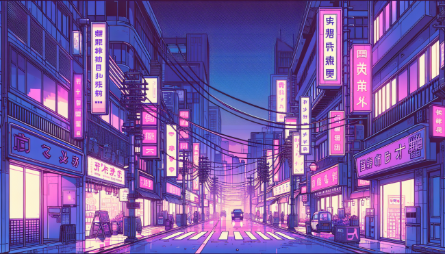 A purple aesthetic city street with purple neon signs