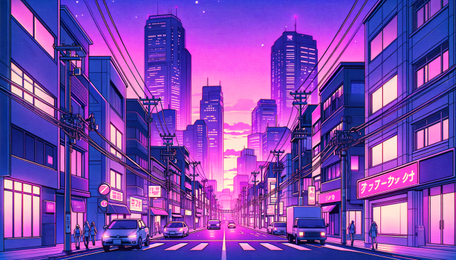 Anime scene of city buildings on either side of a large road which goes towards the horizon. Skyscrapers are in the distance. There are cars on the road.
