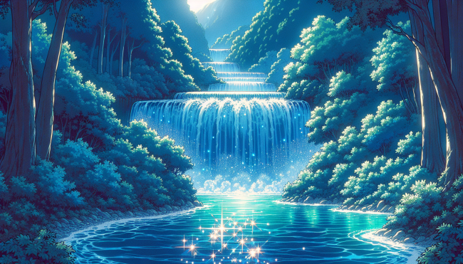 A waterfall falling into a river with trees surrounding the lagoon