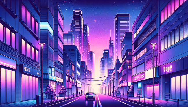 Anime scene of city buildings on either side of a large road which goes towards the horizon. Skyscrapers are in the distance.