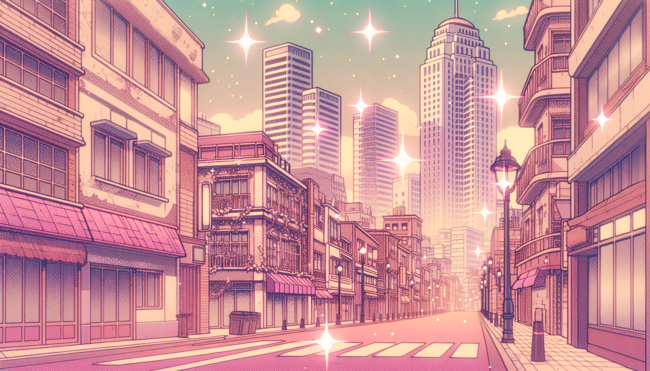 A pink-aesthetic city street in an anime style