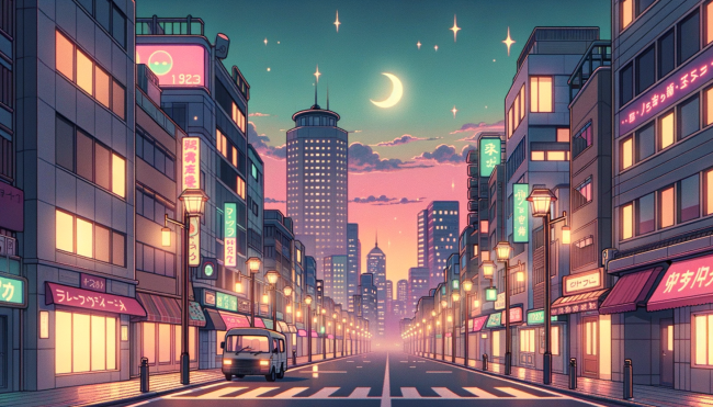 Anime scene at dusk of city buildings on either side of a large road with a van. Skyscrapers are in the distance.