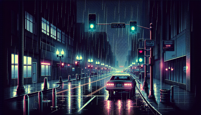 A car at traffic lights in a cyberpunk, neon noir city