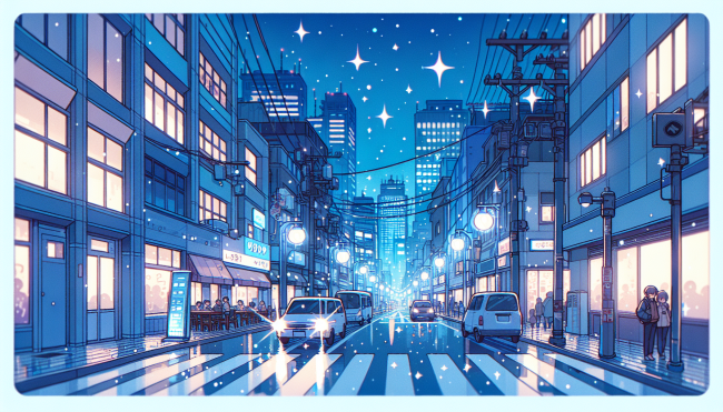 A blue-aesthetic city street in an anime style