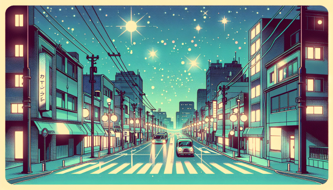 A lofi anime city street with a blue sky in the distance