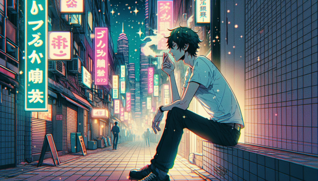 Man smoking while sitting on a tiled ledge. There are neon signs and shops on the street