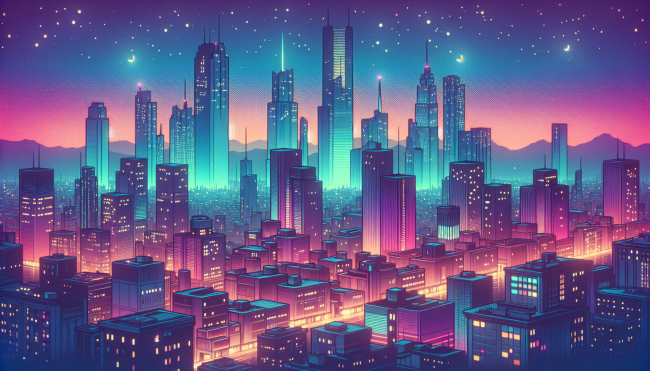 An anime-style city skyline at dusk with a horizon behind