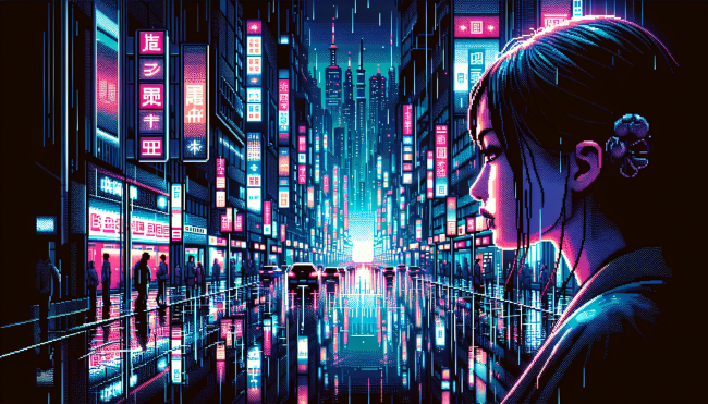Pixel art of girl looking at neon signs. There are shops and skyscrapers in the distance