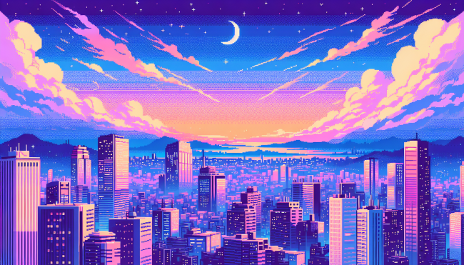Pixel art of city skyline at dusk with a crescent moon in the sky
