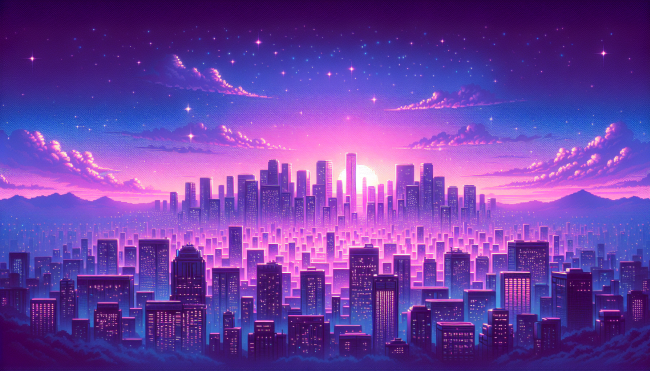 Purple city skyline in a pixel art style