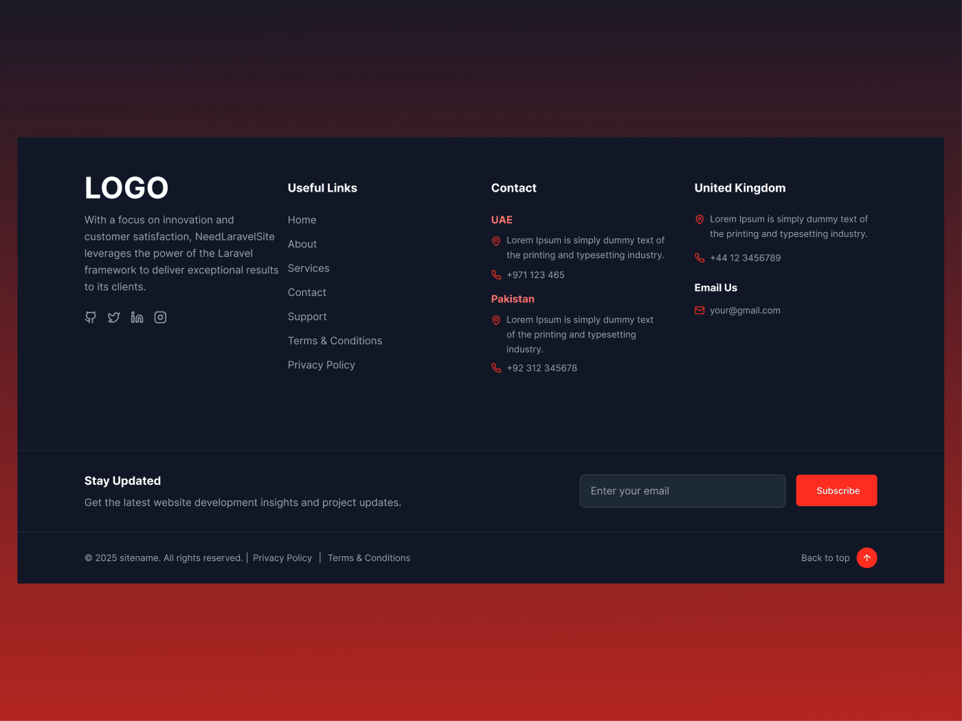 Dark Multi-Column Website Footer Figma Template — Figma UI Component Preview