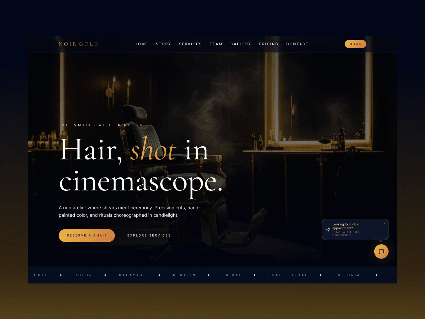 Luxury Dark Salon Website Figma Template — Figma UI Component Preview