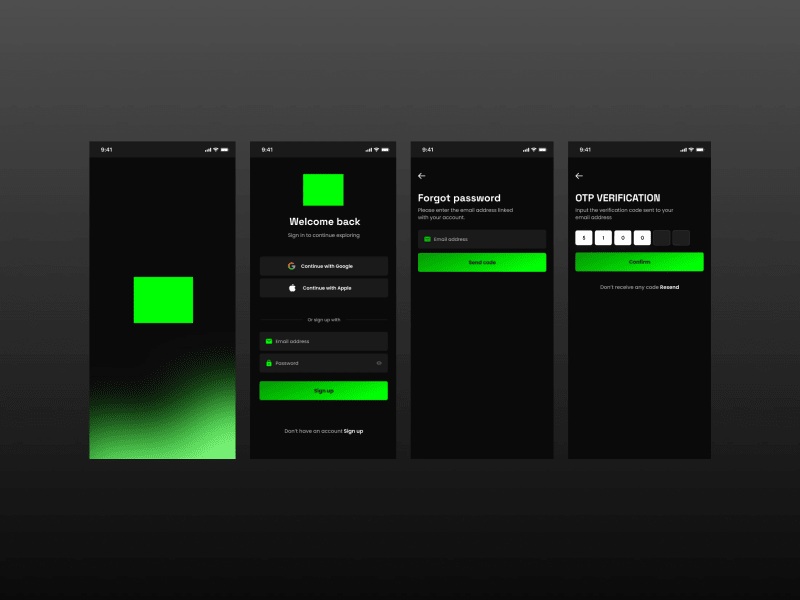 Dark Mode Mobile App Authentication UI - Sign Up, Login, Forgot Password & OTP Screens