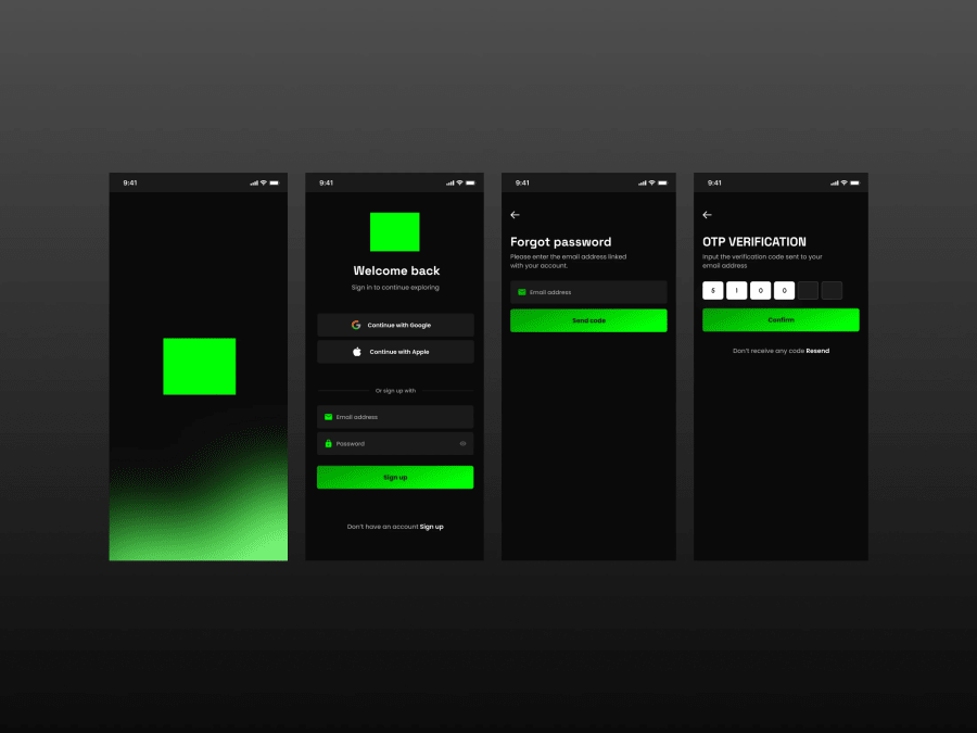 Dark mode mobile app login, forgot password and OTP screens template for Figma