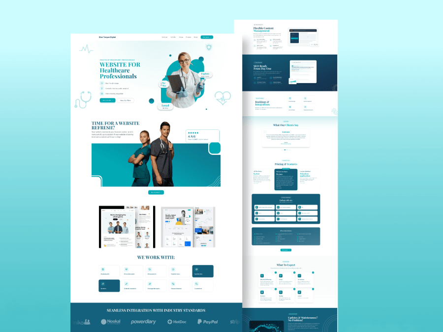 Healthcare website landing page template for Figma in teal and white
