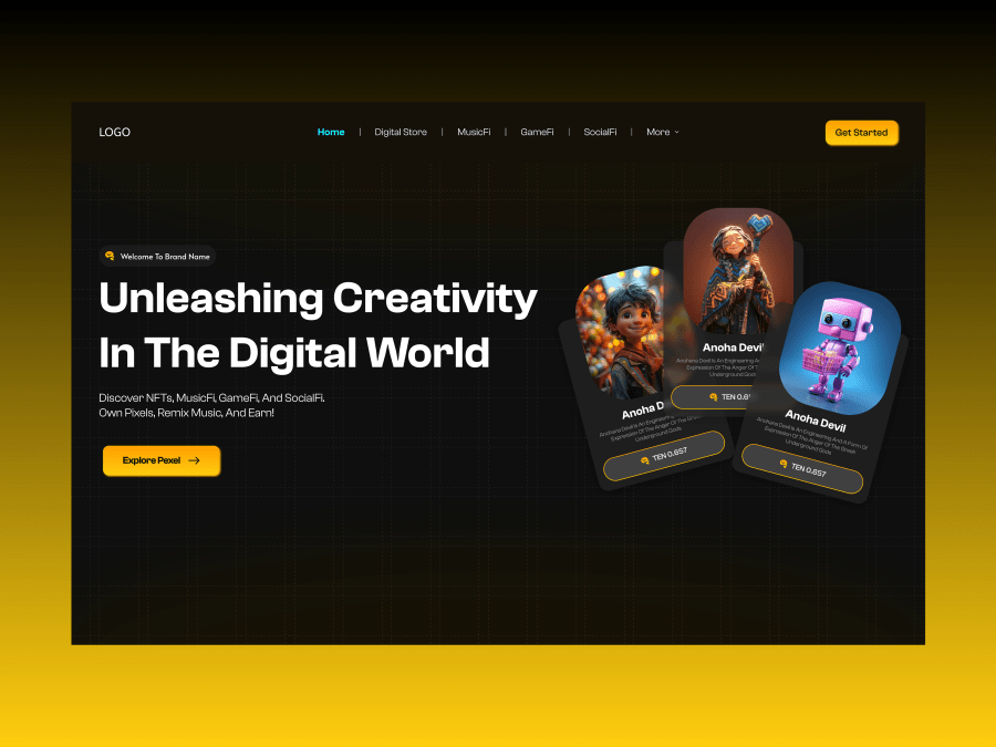 Dark NFT marketplace hero section template for Figma with a yellow accent