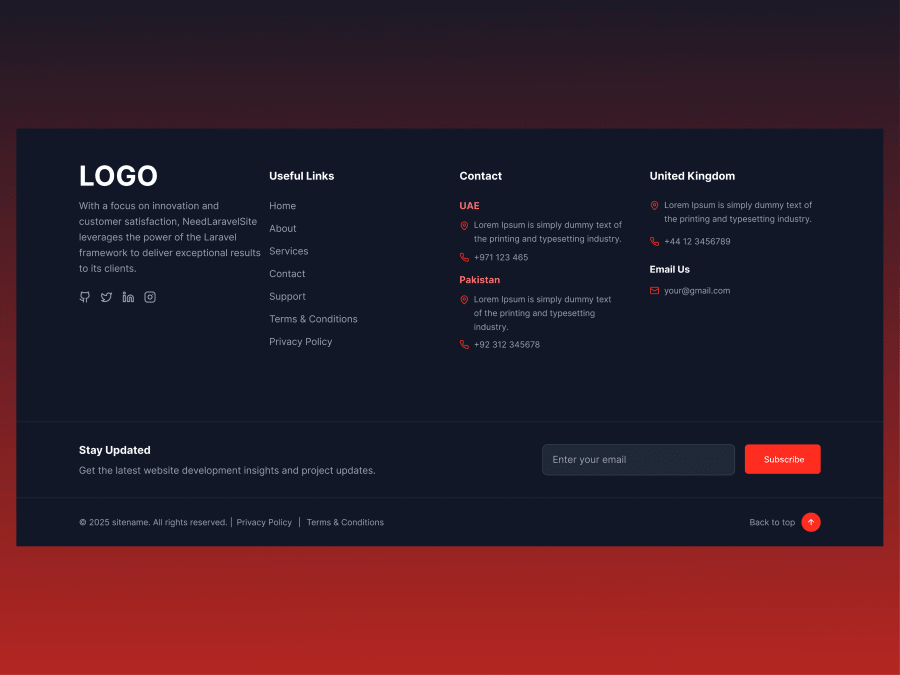 Dark multi-column website footer template for Figma with subtle dividers