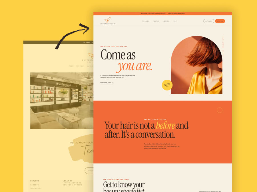 Beauty salon landing page template for Figma with editorial serif headline and arch photo