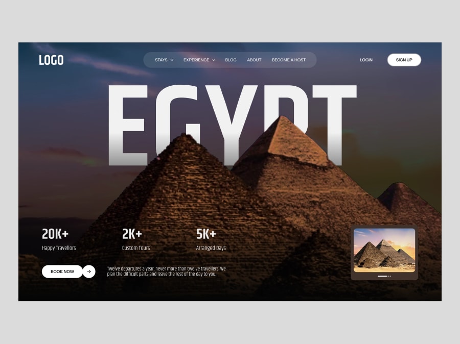 Travel website hero section template for Figma with giant EGYPT headline over a pyramids photo