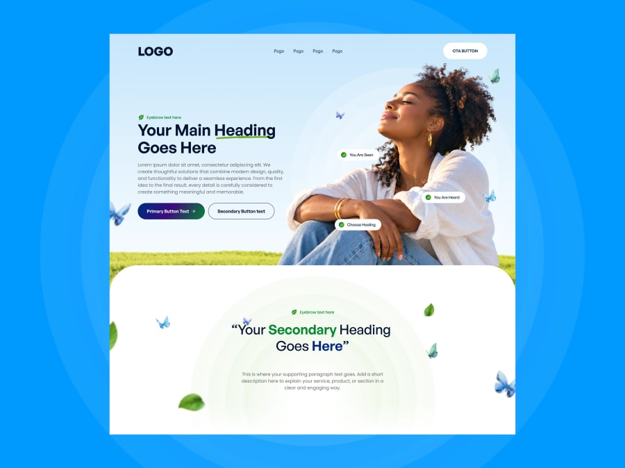 Wellness and mental health hero section template for Figma with floating check badges