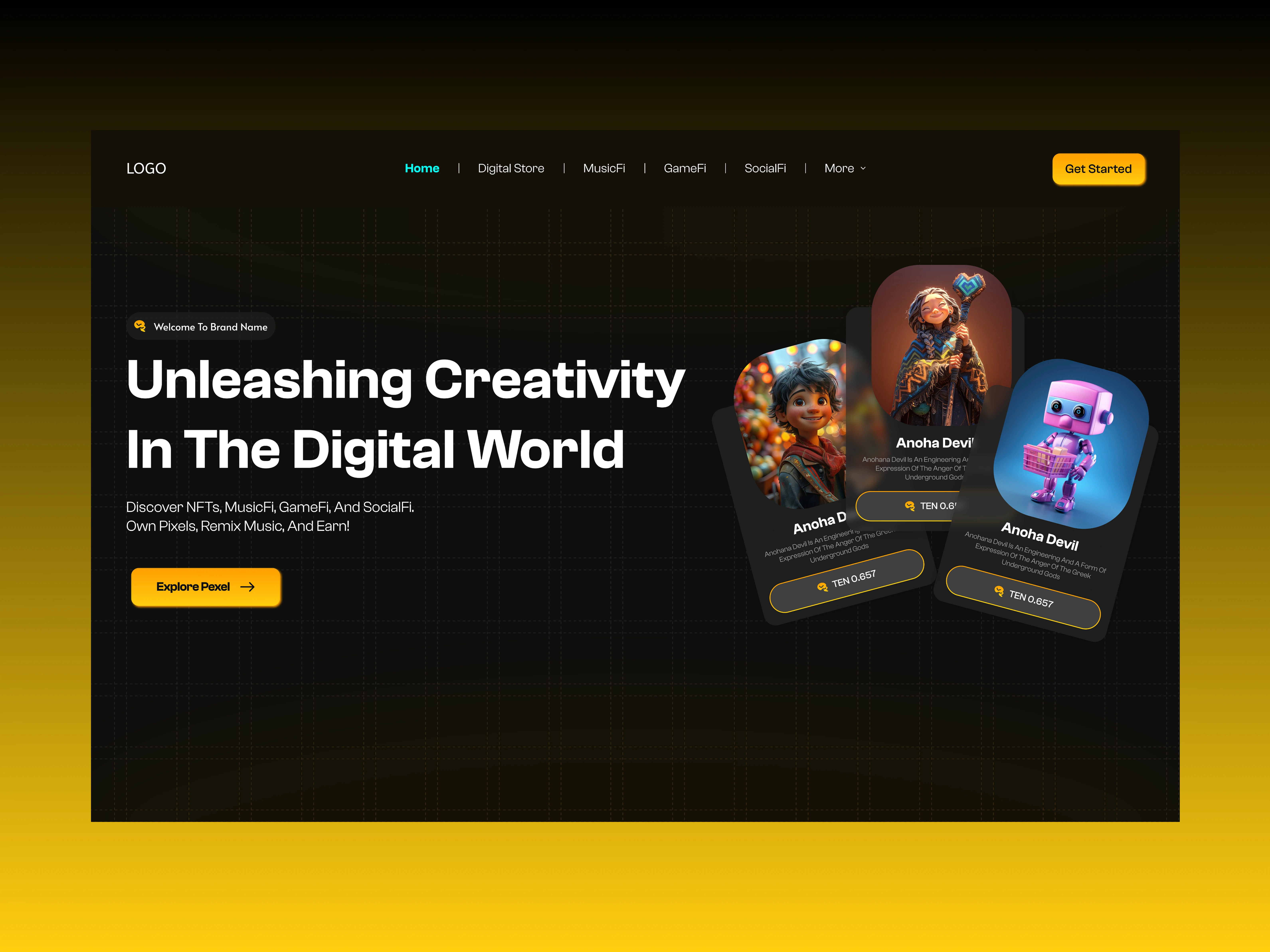 Dark NFT Marketplace Hero Section Figma Template - Web3, GameFi, MusicFi & SocialFi UI