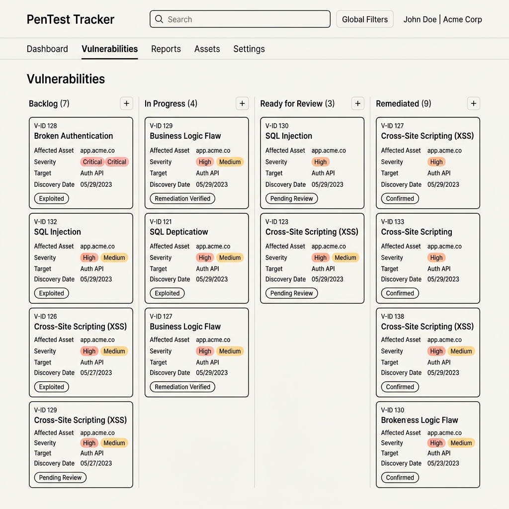 Web App Pentest Dashboard Mockup