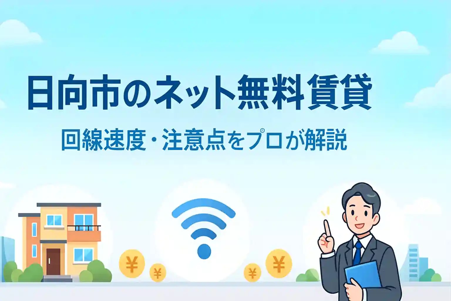 日向市のネット無料賃貸を案内する男性とWi-Fi設備付き賃貸アパートの不動産イラストバナー