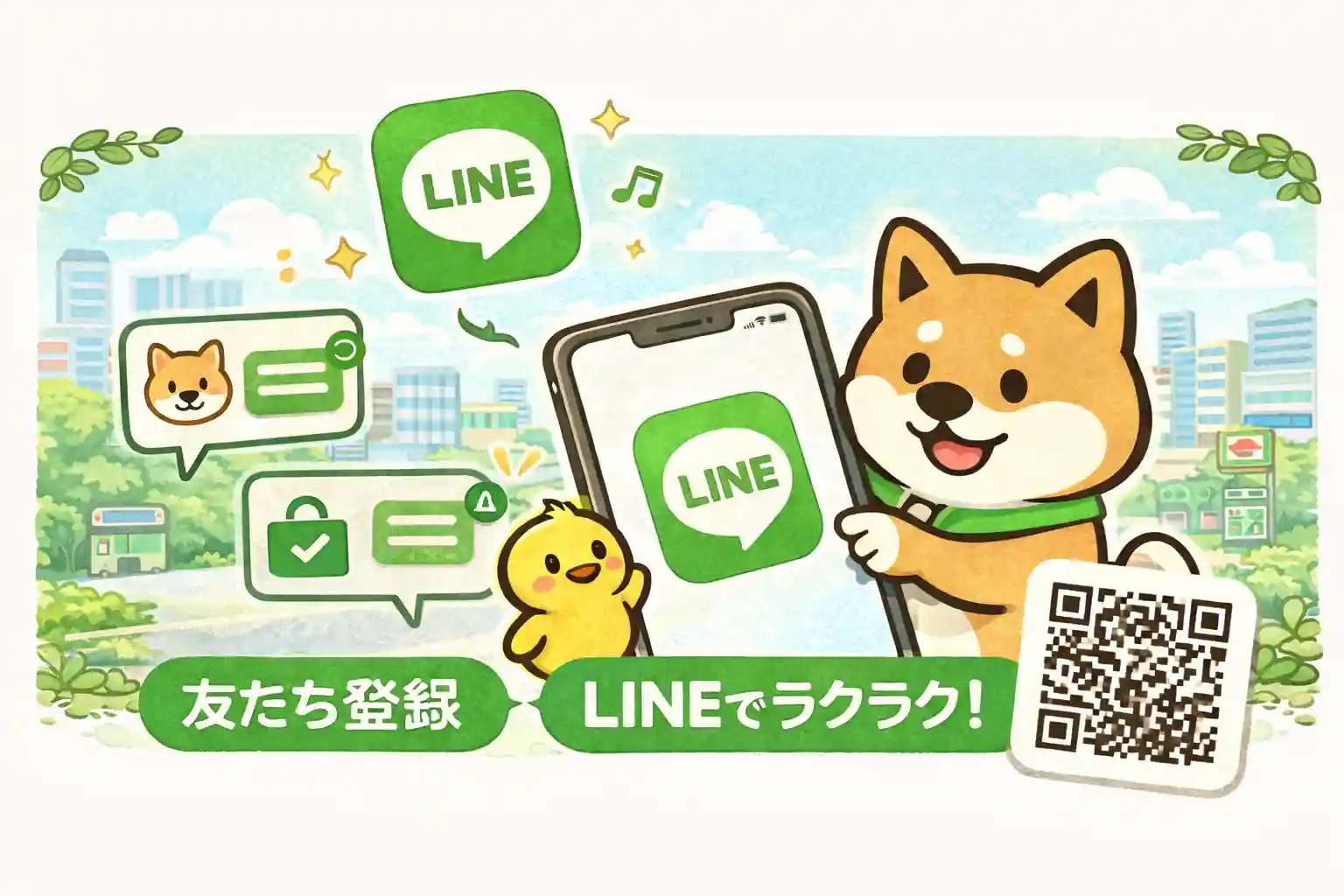 しんせい不動産の公式LINE登録を案内するページのアイキャッチ画像。スマホを持った柴犬とひよこがLINEで気軽に相談・問い合わせできる便利さを街並みイラストで表現