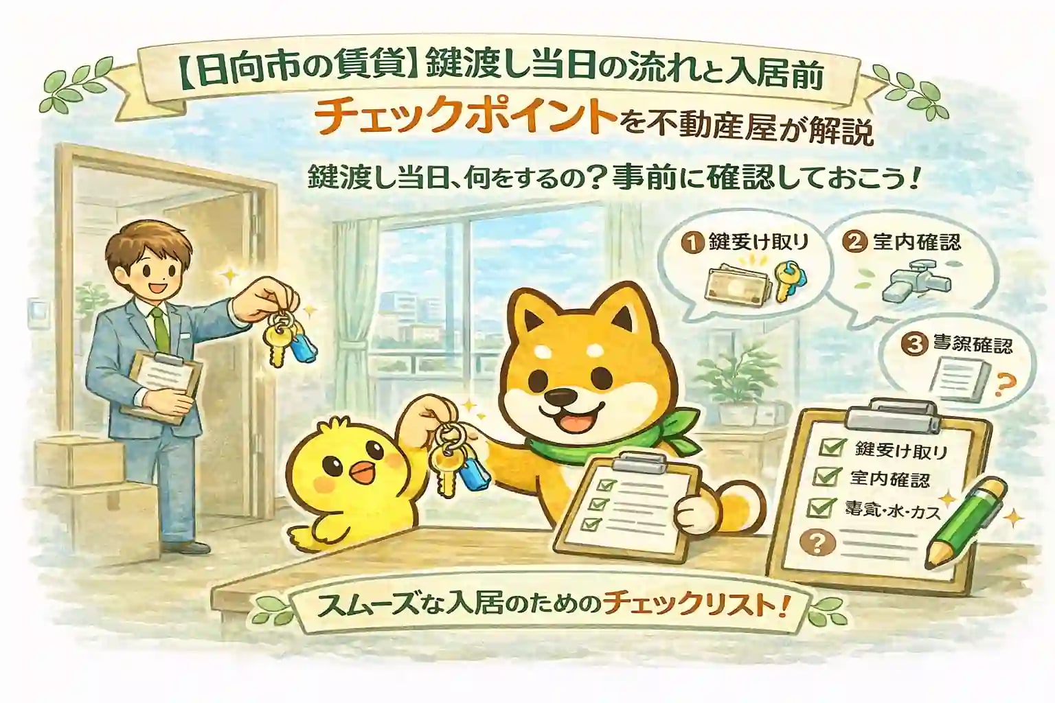 日向市の賃貸で鍵渡し当日の流れと入居前チェックポイントを、柴犬とひよこのイラストで分かりやすく解説したアイキャッチ画像