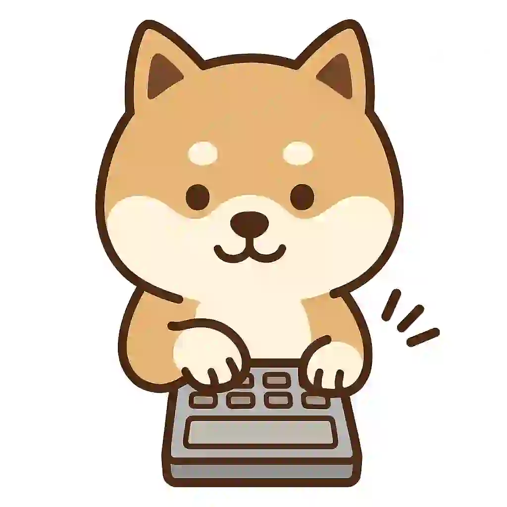 電卓をはじく柴犬のモミジのイラスト（かわいい）