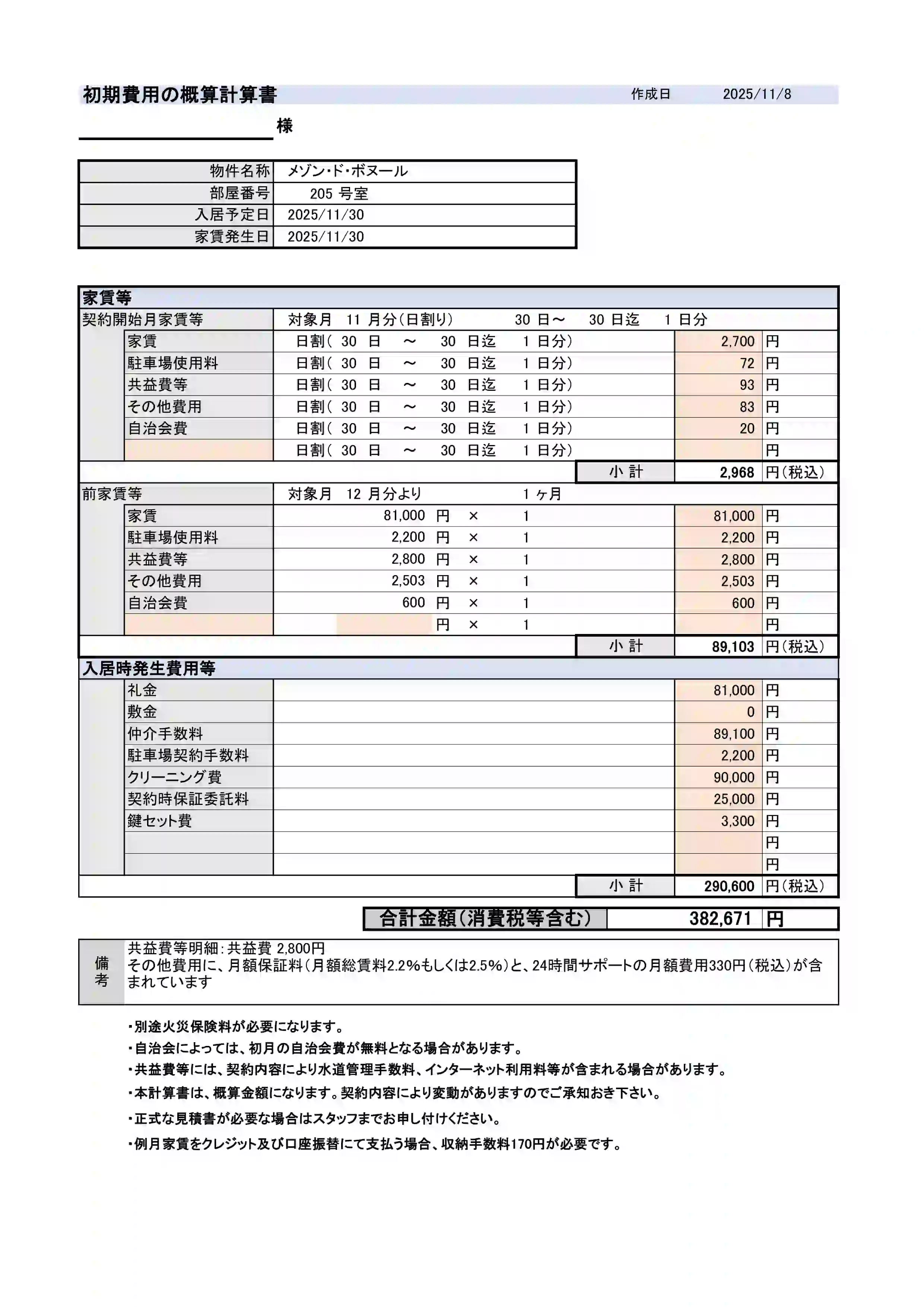 メゾン・ド・ボヌール 初期費用 見積書