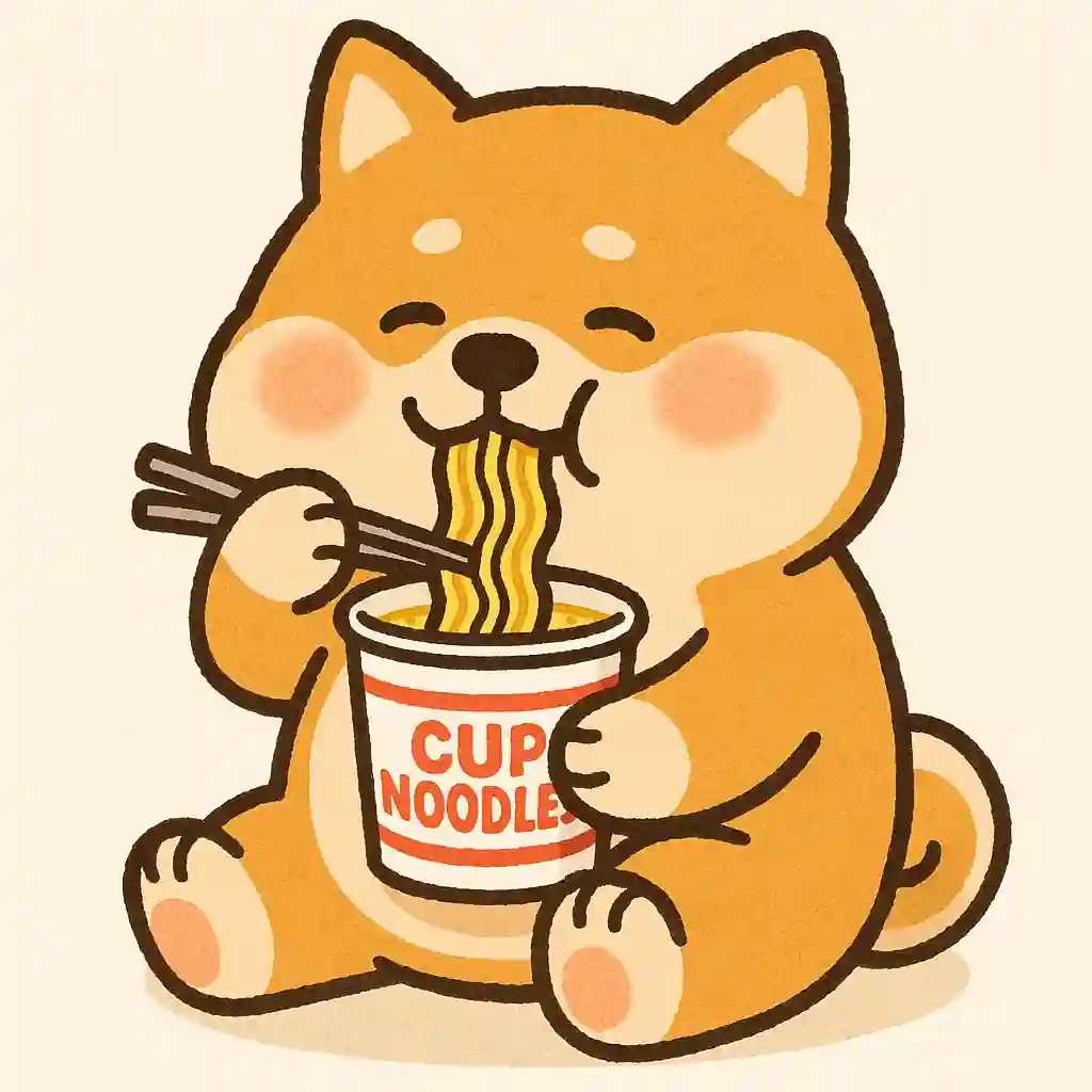 カップラーメンを食べて幸せそうな柴犬のイラスト（もみじ）