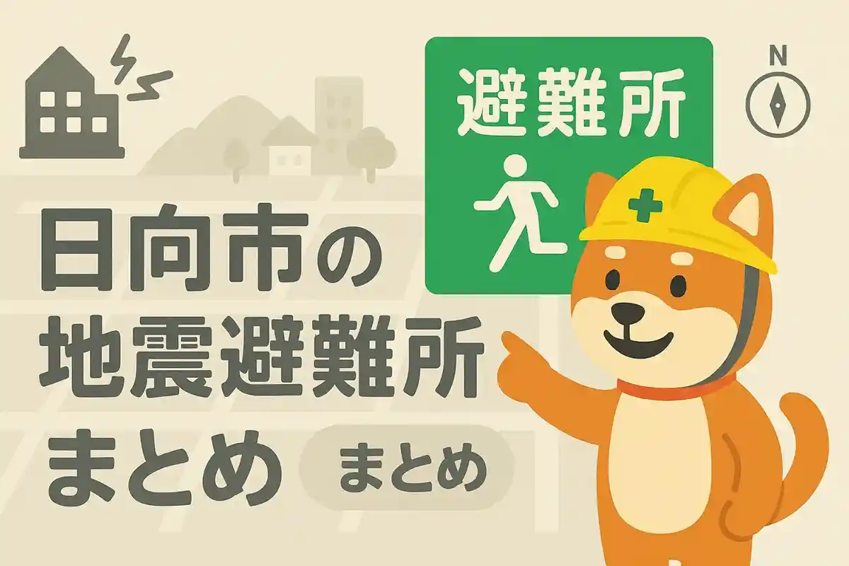 日向市の地震避難所まとめイメージ｜学校や体育館が描かれたイラスト