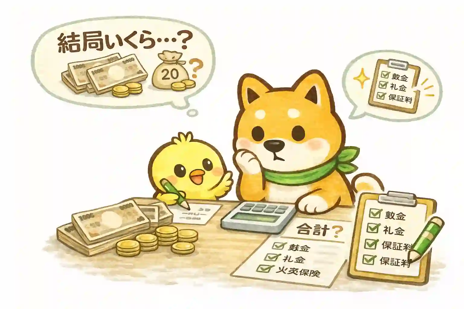 日向市の賃貸初期費用はいくらかを、電卓とチェックリストで整理して考える柴犬とひよこのイラスト