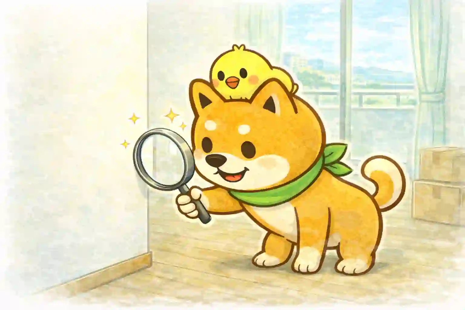 入居前にお部屋の状態を丁寧に確認している柴犬とひよこのイラスト