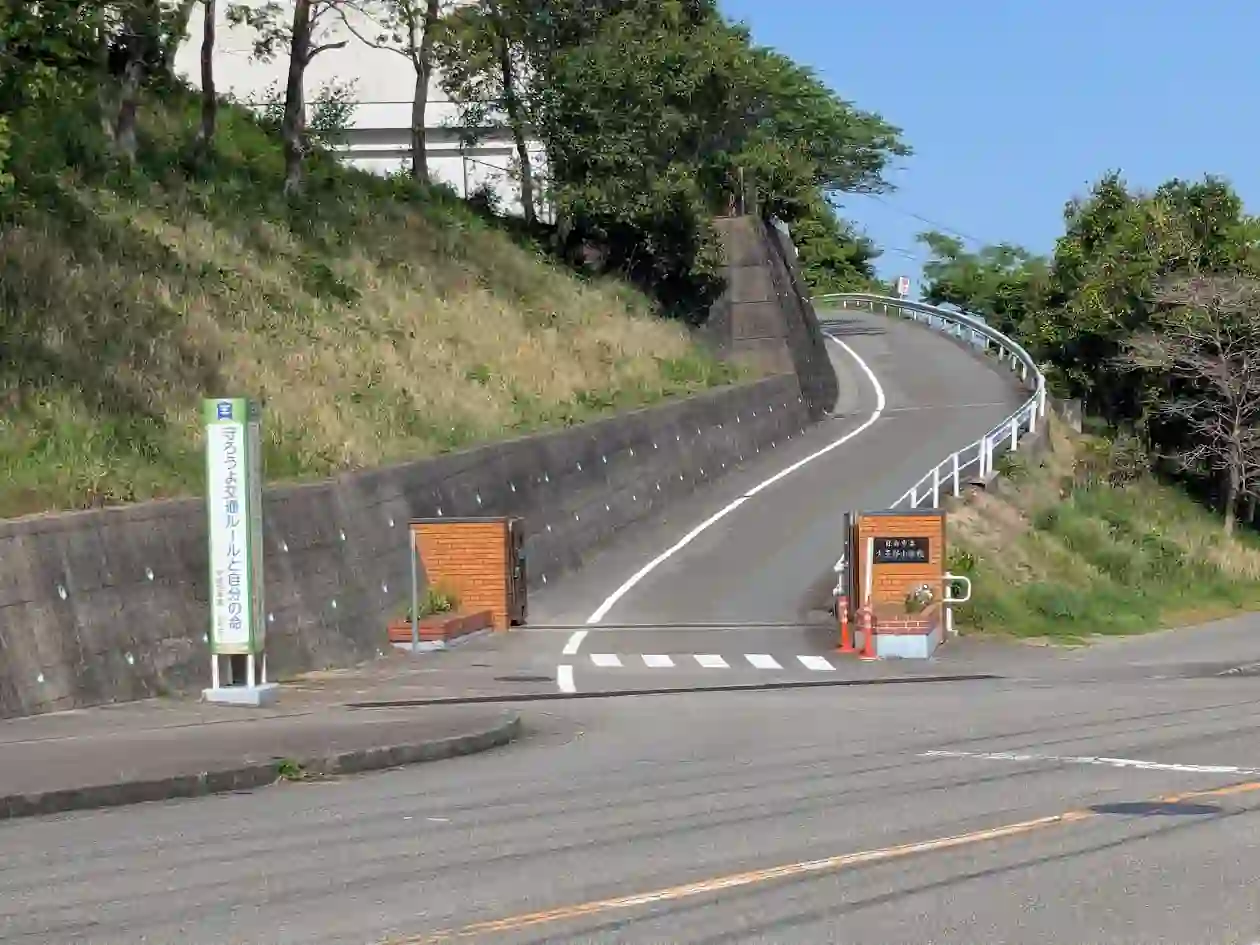 日向市立大王谷小学校の正門と坂道の通学路の風景