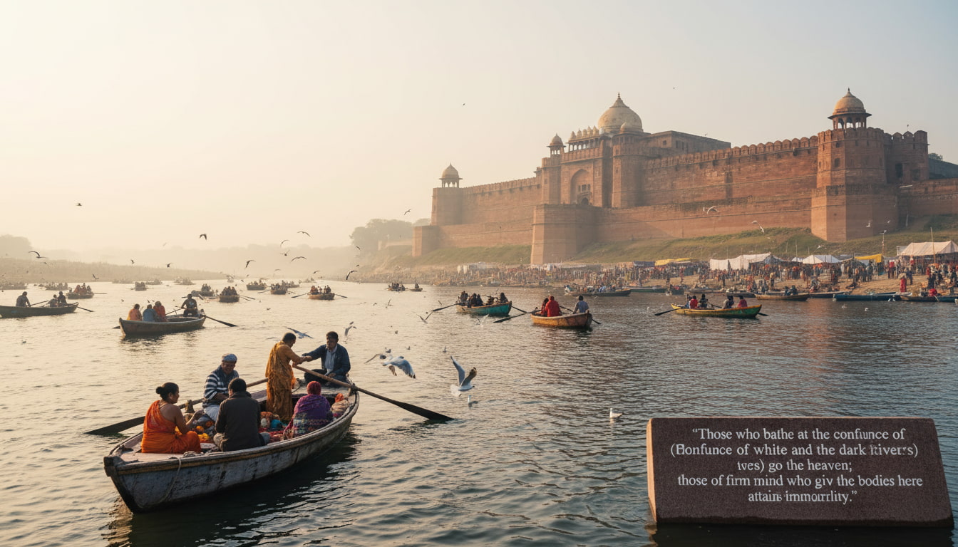 Historic Allahabad Fort and Akshayavat tree overlooking Triveni Sangam