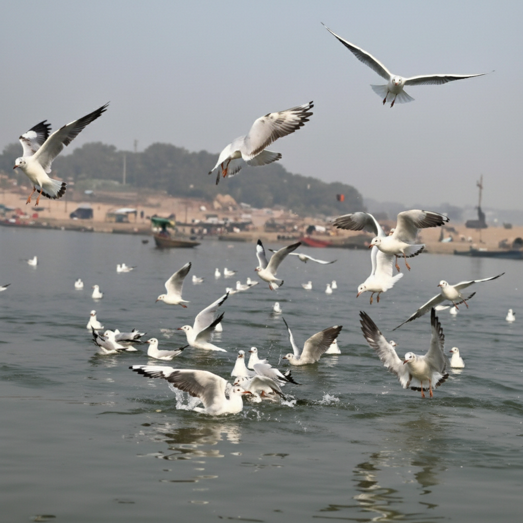 Flock of migratory Siberian gulls hovering over boats at Sangam Ghat