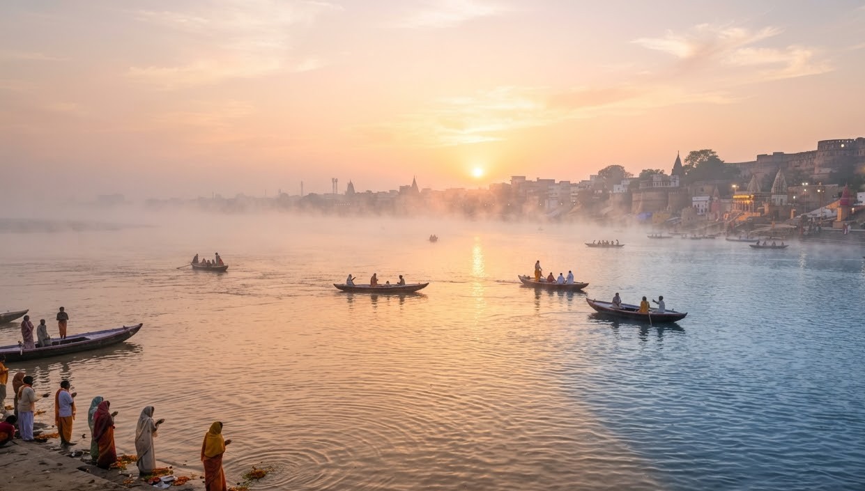 Sunrise view of Sangam Ghat Prayagraj where the Ganga and Yamuna rivers meet