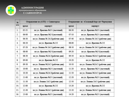 Сводное расписание движения автобусов по маршруту «г. Саяногорск –рп. Черемушки»