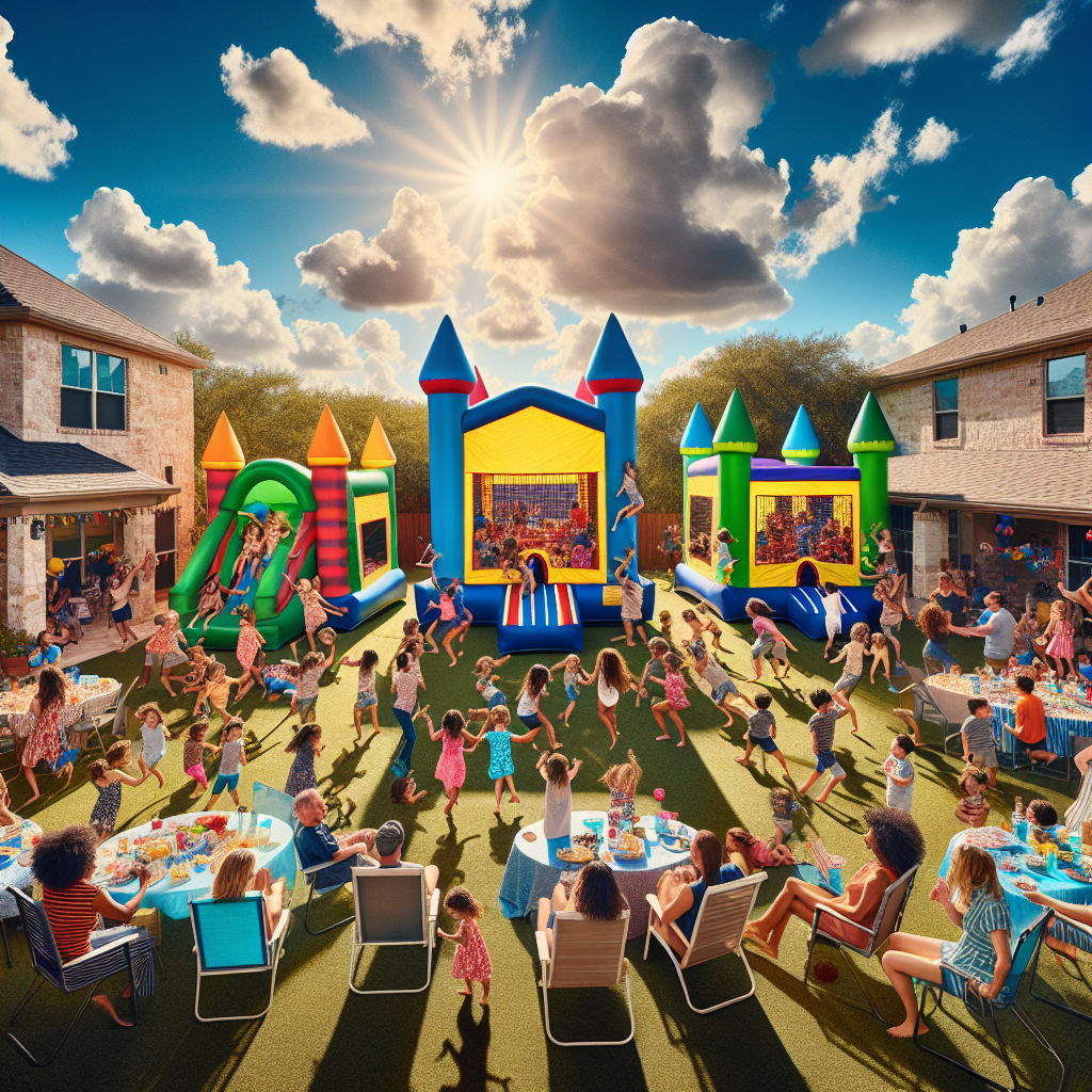 Colorful party with three inflatable castles and many guests enjoying Bounce house rentals in San Antonio - SATX Bounce
