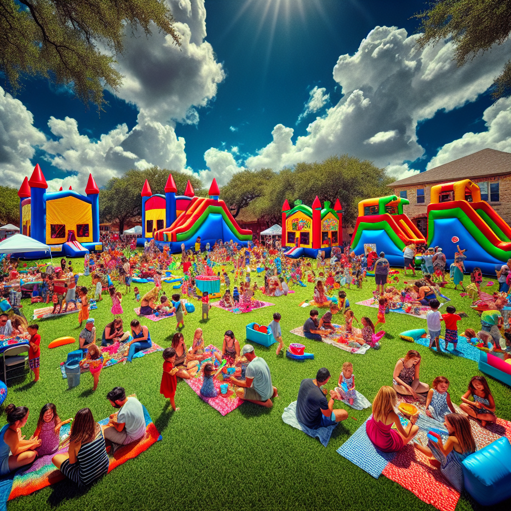 big event celebrating around a bounce house rental san antonio - SATX Bounce