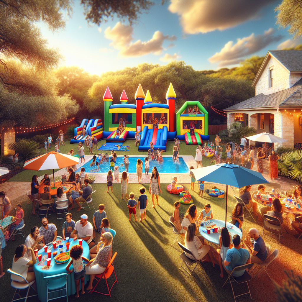 family enjoying party rentals around a swimming pool - satx bounce