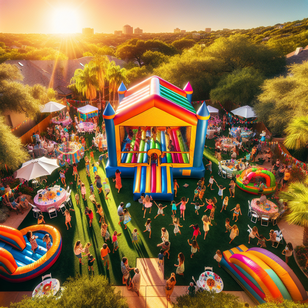 aerial view of a party with moonbounce rentals san antonio - satx bounce